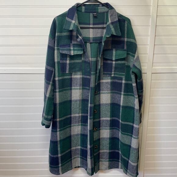 Shein Long Sleeve Flannel Plaid Long Length Shacket - Picture 1 of 8